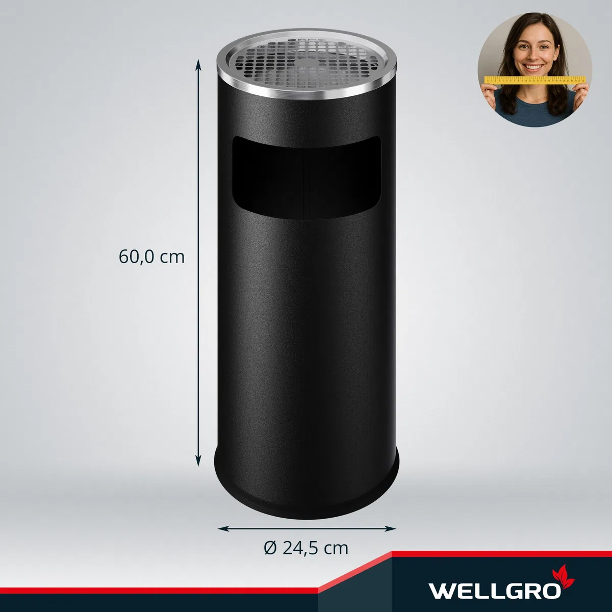 WELLGRO 2 in 1 Standaschenbecher Edelstahl für draußen – Wetterfester Standascher schwarz mit Mülleimer & Abfalleimer, großer Aschenbecher für Außenbereich, Terrasse, Eingang & Gewerbe
