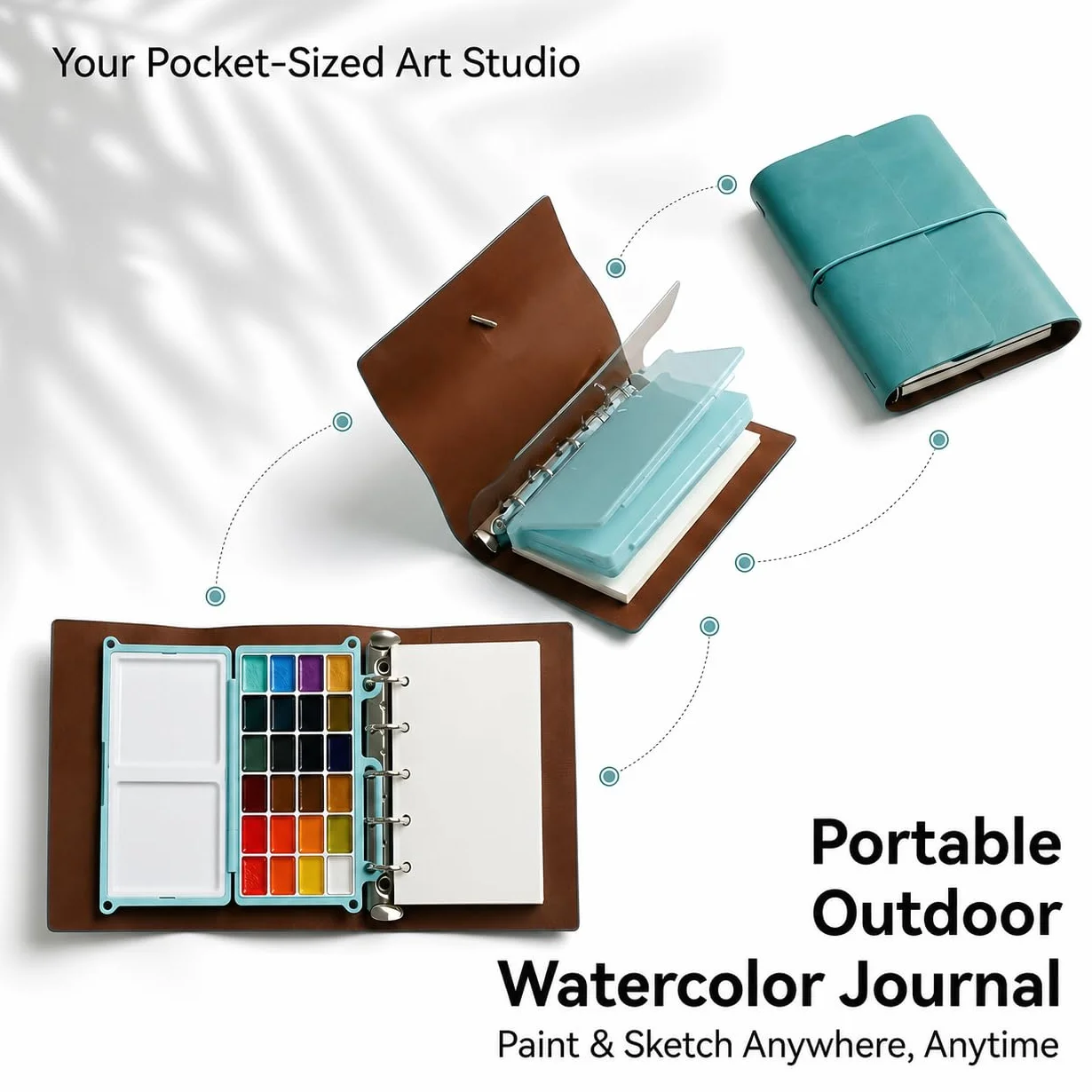 DarkWish Reiseaquarellkasten (Passgröße) - Profi Aquarell Set, 24 Farben (+ 6 Metallic) & 300g Papier (Schwarz/Weiß), PU-Leder Ringbuch für Urban Sketching, Plein Air & Künstler Geschenk