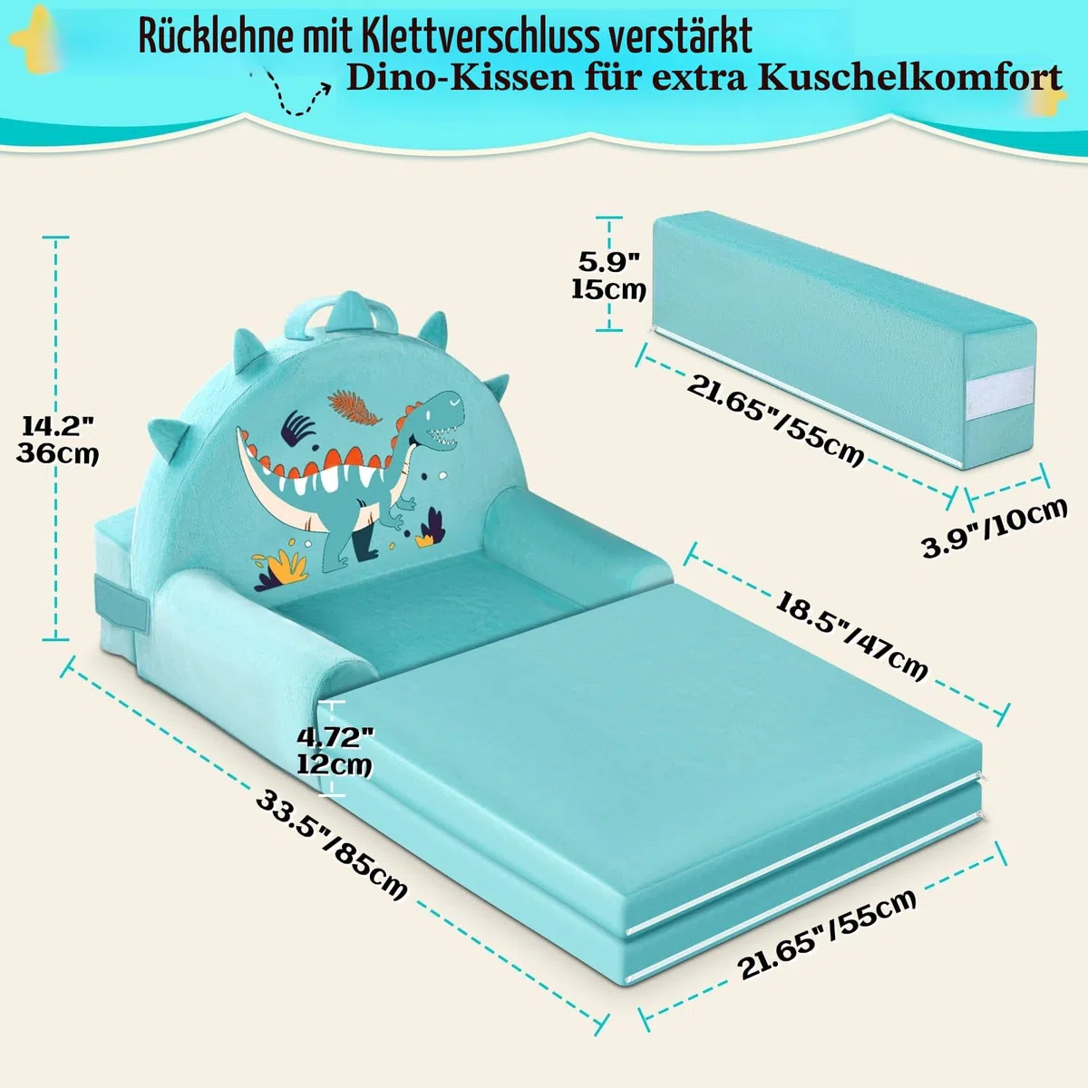Dinosaurier Kindersofa, Aufklappen 2 in 1 Mini Couch, 150cm Wweiches Kristall Samt Kleinkinder Spielsofa für Schlafzimmer Wohnzimmer, Spielzimmer, Geburtstag Geschenk für Jungen Mädchen