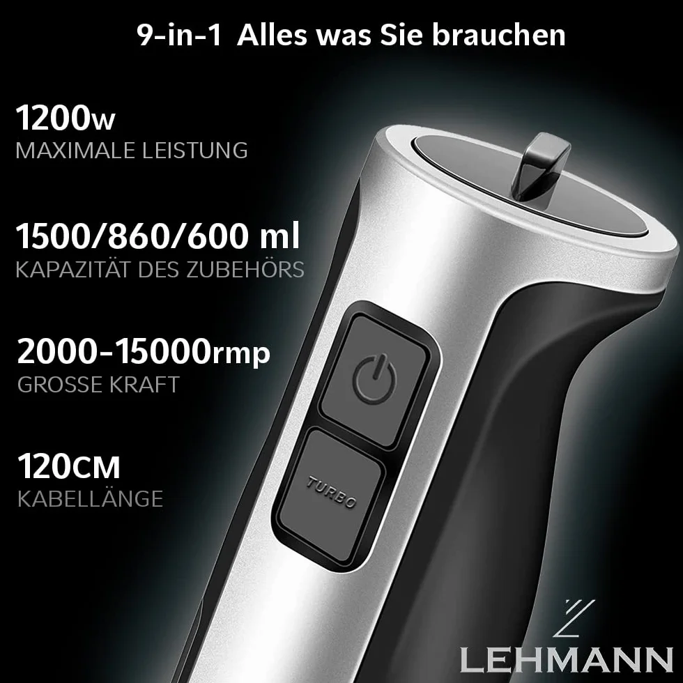 Lehmann Stabmixer Set Chopsui 1200 W | Pürierstab mit Turbofunktion und Geschwindigkeitsregelung | Elektrische Multifunktions Hand Blender | inkl. 9-teiliges Zubehör Set