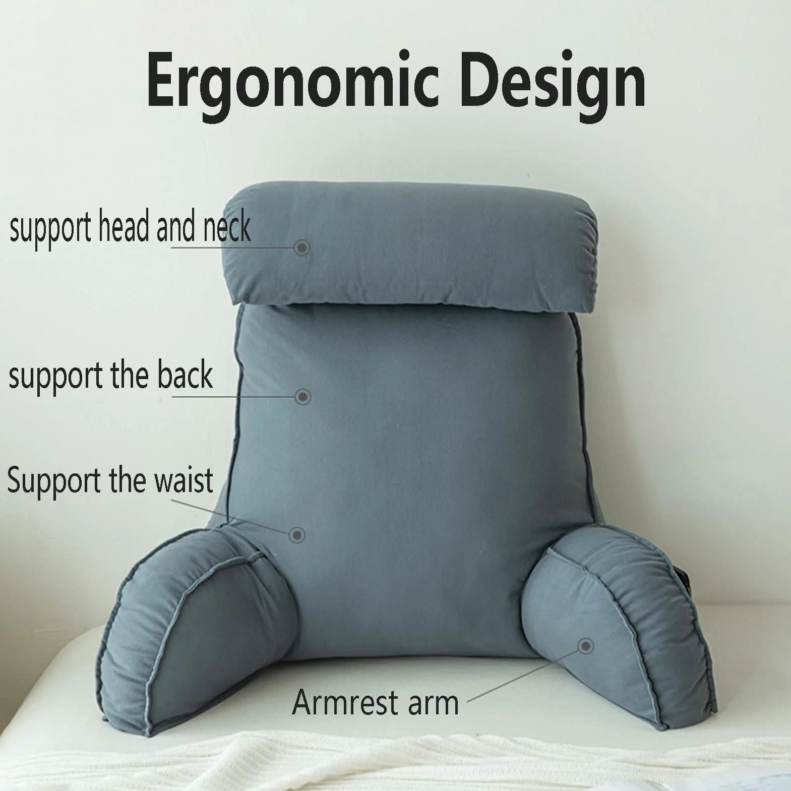 Lesekissen,Rückenlehne Kopfkissen,Bettruhe Kissen mit Armlehnen,Mit Waschbarem Bezug,Perfekt für Rückenunterstützung beim Lesen oder Fernsehen auf dem Bett Sofa (Blue Gray)