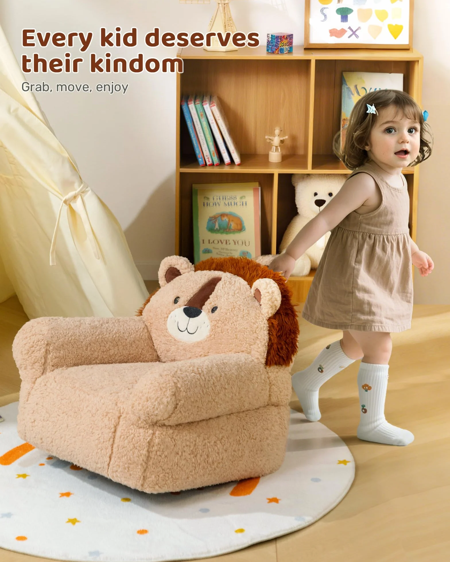 BEJOY Bequemer kindersofa, Schaumstoffgefülltes kindersessel, Einzelne kuschelige Sherpa-kindercouch für Jungen und Mädchen, Löwe