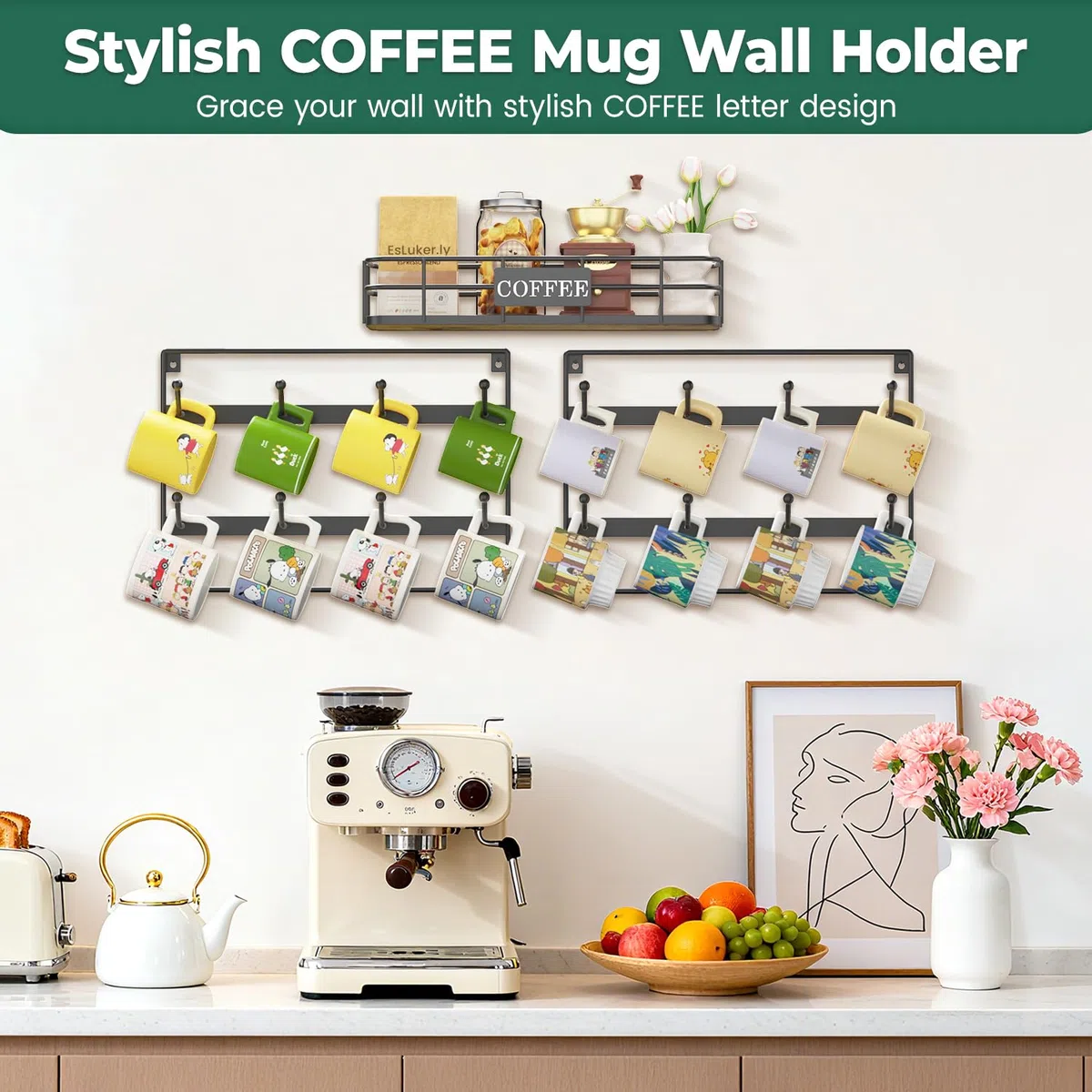 EsLucker.ly Tassenhalter Tassenständer Wand, Tassenregal Tassen Aufhanger Regal für die Wand, Kaffeetassen Regal, Tssenhalter Aufhängen, Platzsparendes Kaffeebar Zubehör, Ideal für Küchen