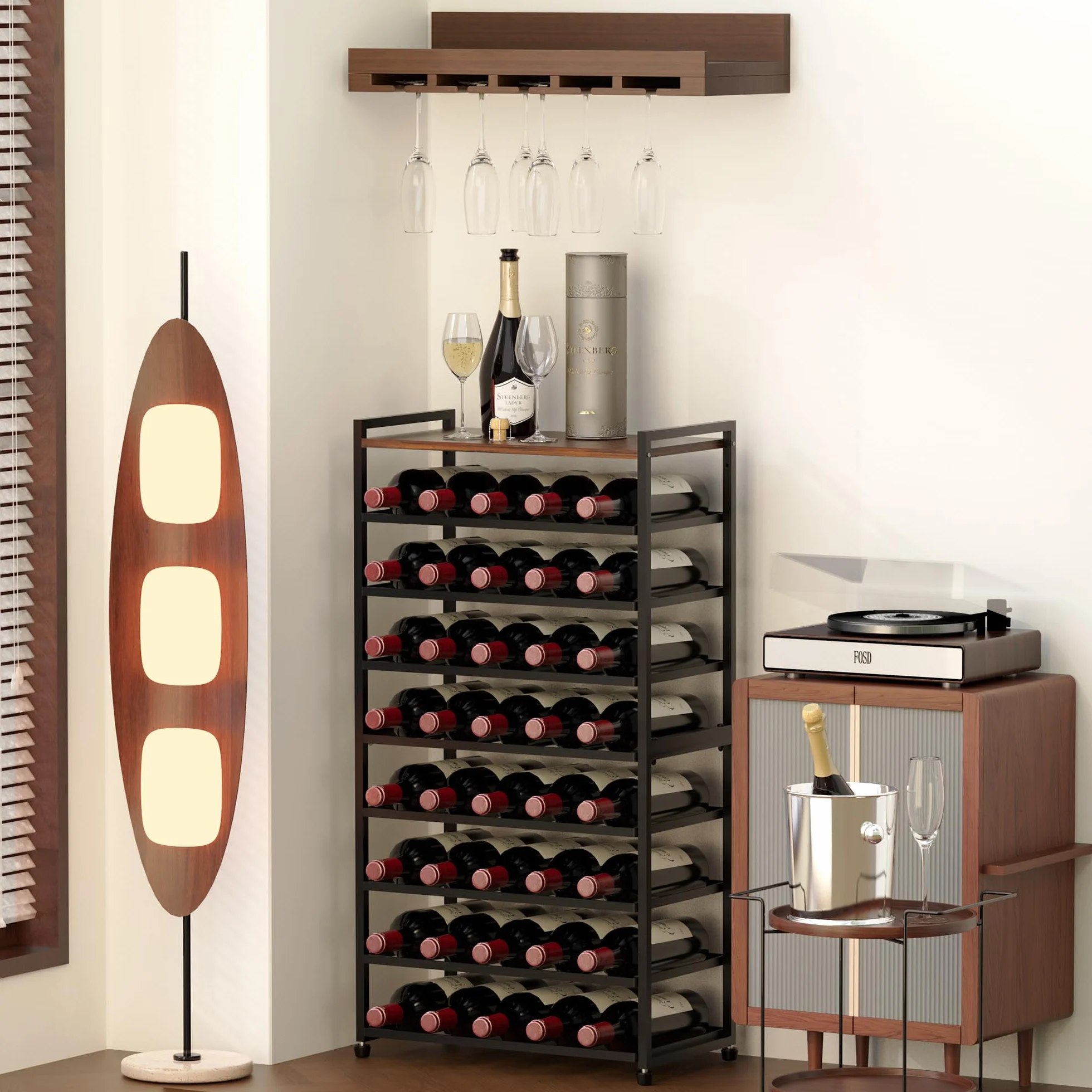 Weinregal für 40 Flaschen, 8-stufiges Flaschenregal, Stehendes Metall-Weinregal mit Tischplatte, Abnehmbarer Weinflaschenhalter, Barständer, Ausstellungsregal für Küche, Bar, Wine Rack