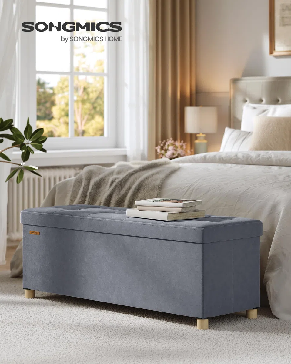 SONGMICS Sitzbank mit Stauraum, Hocker faltbar, 38 x 110 x 40 cm, Aufbewahrungsbox mit Deckel, Fußhocker 112 L, Samt, bis 300 kg belastbar, Flur Wohnzimmer Schlafzimmer, schiefergrau LSF0518G02