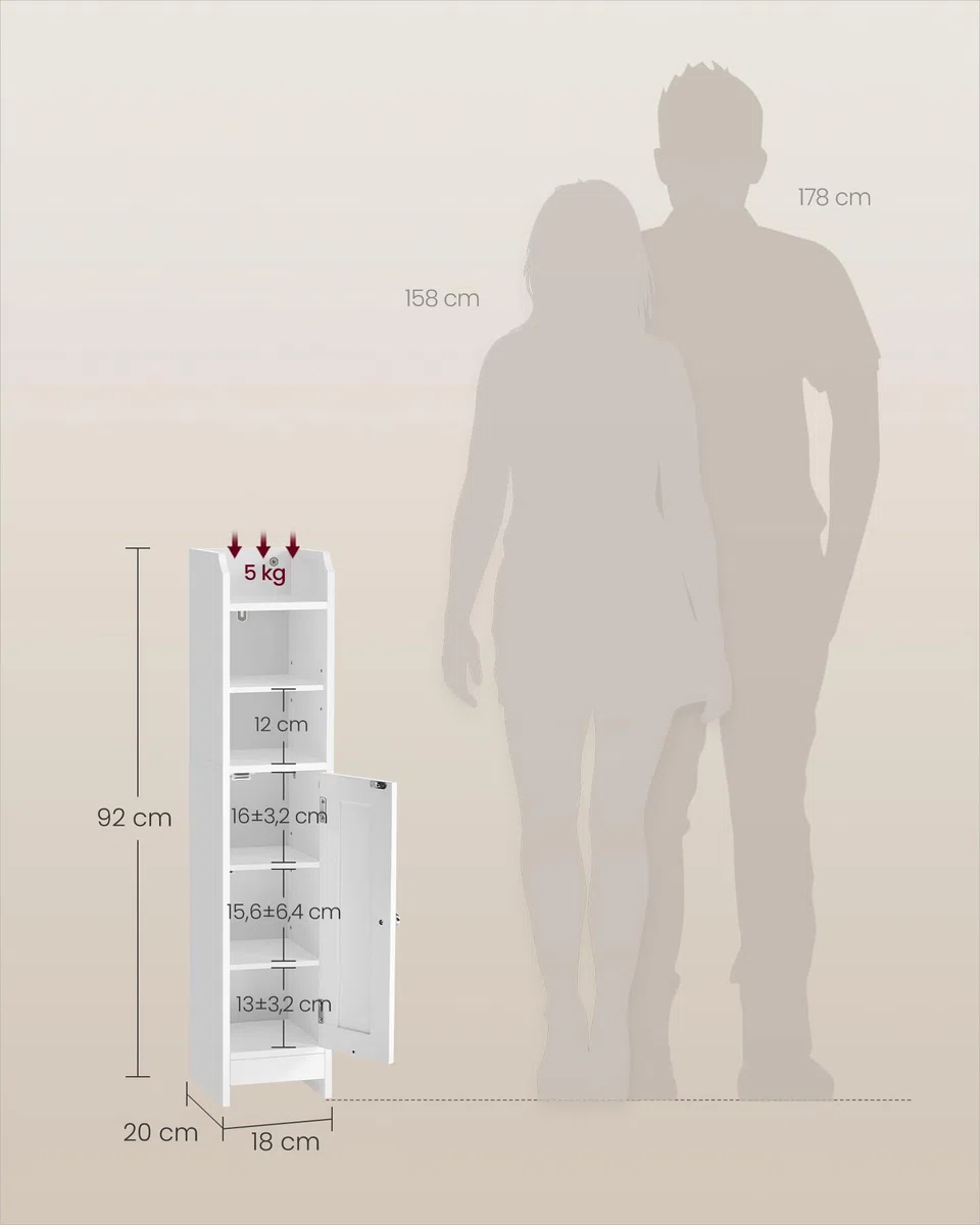 VASAGLE Badezimmerschrank klein, Badschrank schmal, stehend, mit Tür und Regal, Kleiner Schrank für Toilettenpapier, Toilettenschrank, verstellbare Ablagen, 20 x 18 x 92 cm，wolkenweiß BBC311W01