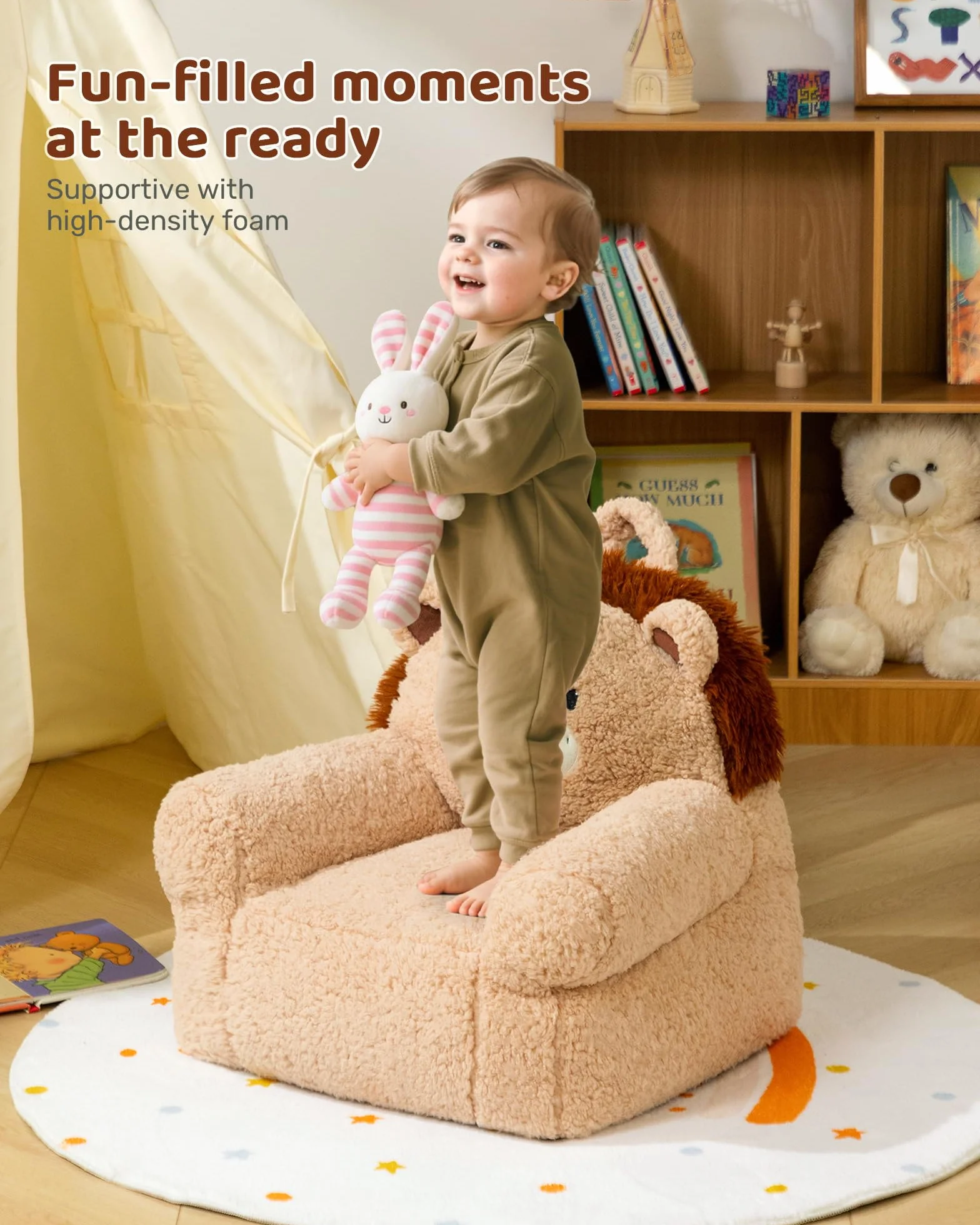 BEJOY Bequemer kindersofa, Schaumstoffgefülltes kindersessel, Einzelne kuschelige Sherpa-kindercouch für Jungen und Mädchen, Löwe