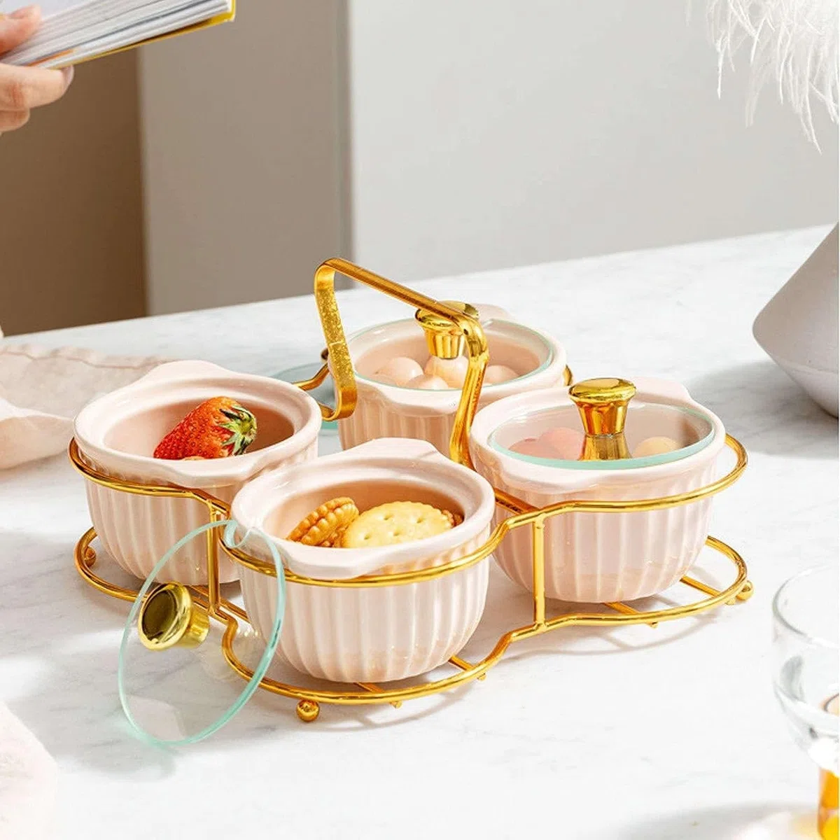 SAeWare Gewürzdose, Gewürzbehälter, Keramik, Gewürzbox-Set mit Löffeldeckel und Tablett, Gewürzdosen-Set mit Löffel, Küche, Gewürze, Zucker, Küchentheke, Rosa, 4 Stück