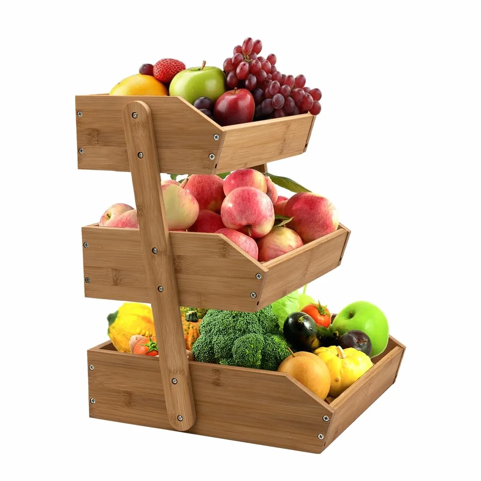 Obstkorb 3 Tier Bambus Obst Rack für Küche, 16,3“ hoch Obst Stand Storage Holder, Mehrzweck große Kapazität für Gemüse Obst und Snack