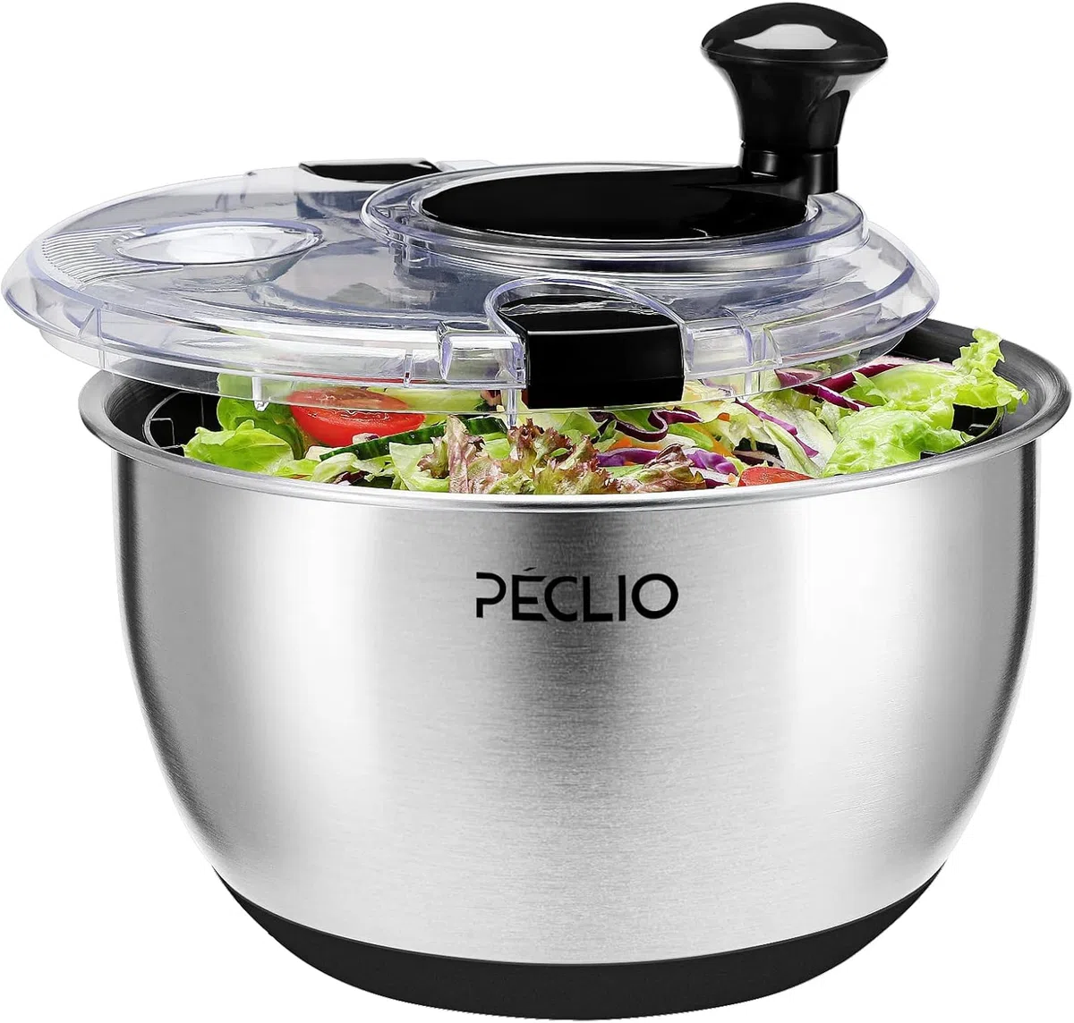 Groß 4,5L Salatschleuder Edelstahl 18/10 Hochwertige mit Transparentem Deckel, Rutschfestem Boden - Salad Spinner mit Kurbelantrieb - BPA-frei & Spülmaschinengeeignet, Schwarz