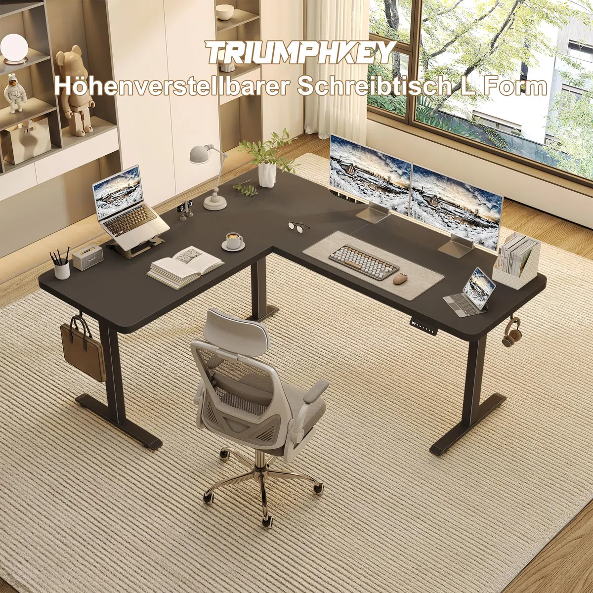 TRIUMPHKEY L-förmig Höhenverstellbarer Schreibtisch Elektrisch mit 3 Memory-Steuerung, 160 x 140cm Eckschreibtisch mit Kabelmanagement und Haken, Ergonomischer Computertisch Schwarz