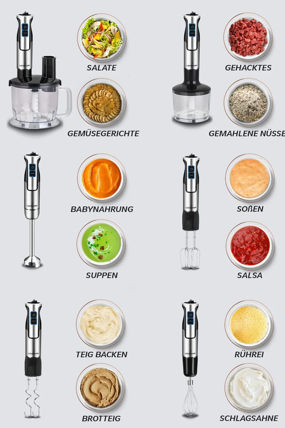 Lehmann Stabmixer Set Chopsui 1200 W | Pürierstab mit Turbofunktion und Geschwindigkeitsregelung | Elektrische Multifunktions Hand Blender | inkl. 9-teiliges Zubehör Set
