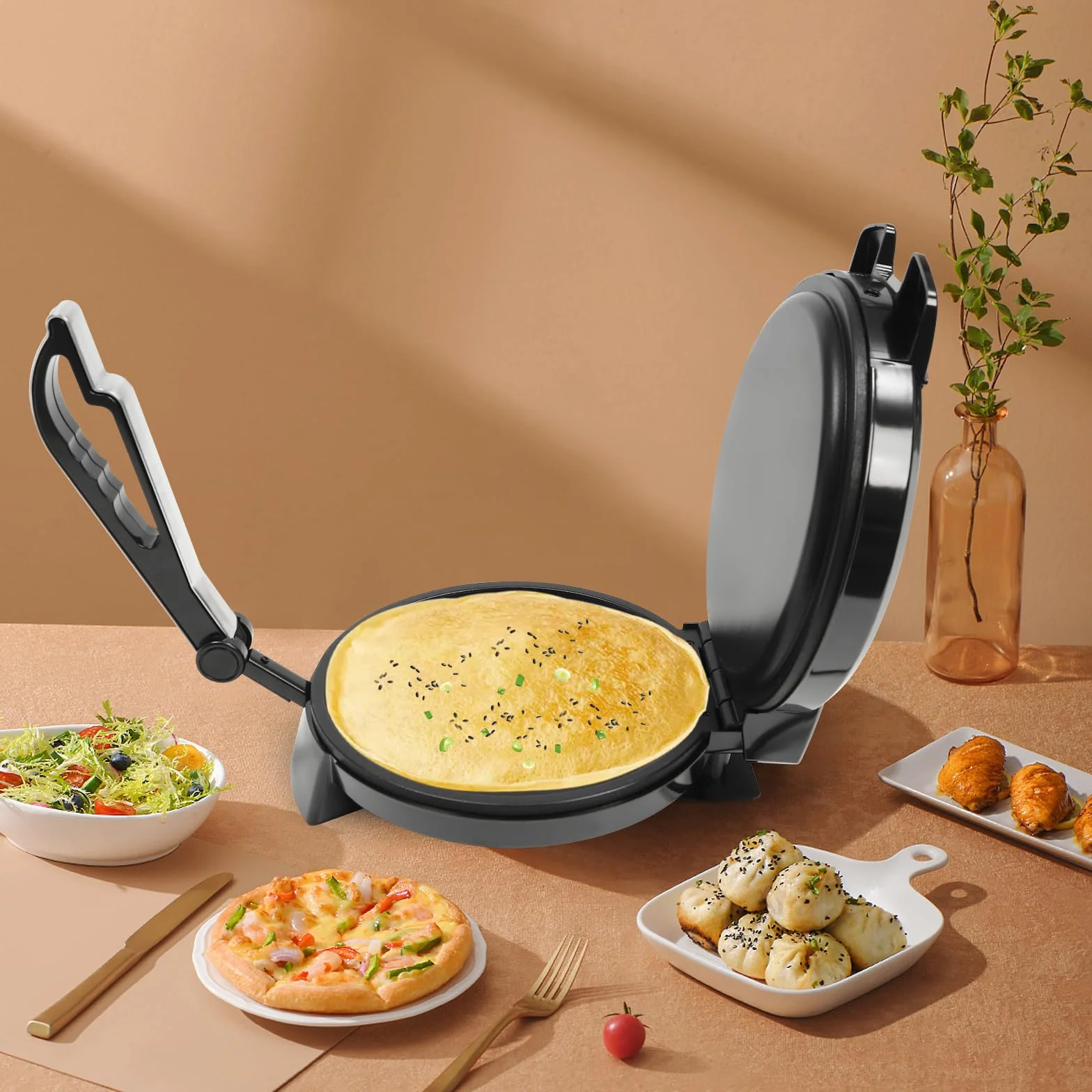 1200W Roti Maker - 26cm Tortilla Presse mit Antihaftbeschichtung, Doppelseitige Heizung, Temperatur einstellbar, für Tortillas Tacos