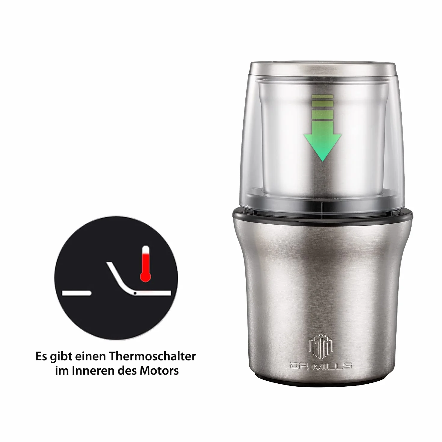 DR MILLS DM-7412M Elektrische Gewürz- und Kaffeemühle, Mühle und Hackmesser, abnehmbarer Becher, abwaschfreier Messer sowie anwaschfreie Tasse bestehen aus SUS304 rostfreiem Stahl