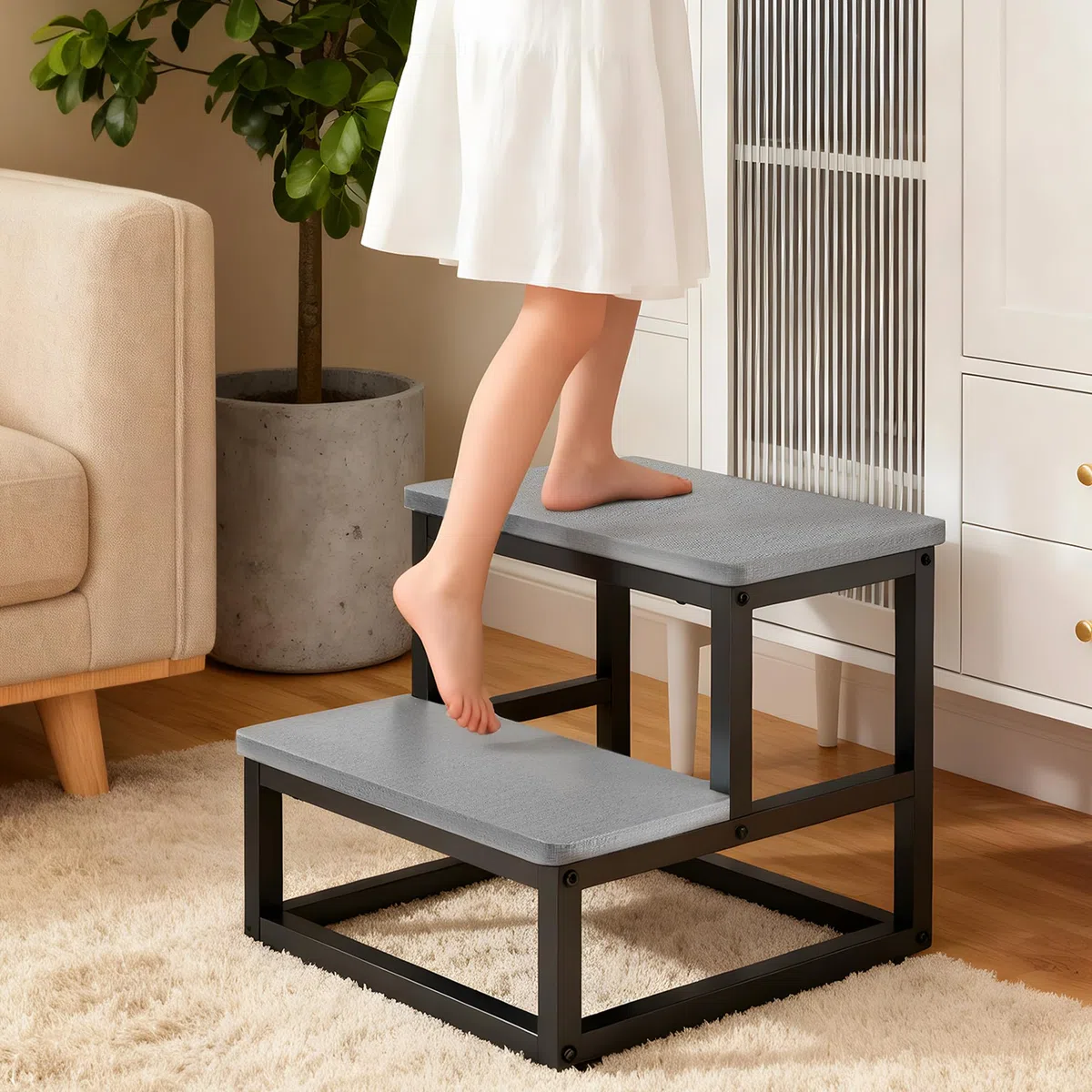 ROTTOGOON Tritthocker 2 Stufen für Erwachsene Kinder, Anti-Rutsch Tritthocker Holz Metallrahmen mit 500lbs Tragkraft Abgerundete Eckendesign Fußbank für Küche Bad Schlafzimmer Wohnwagen (Grau)