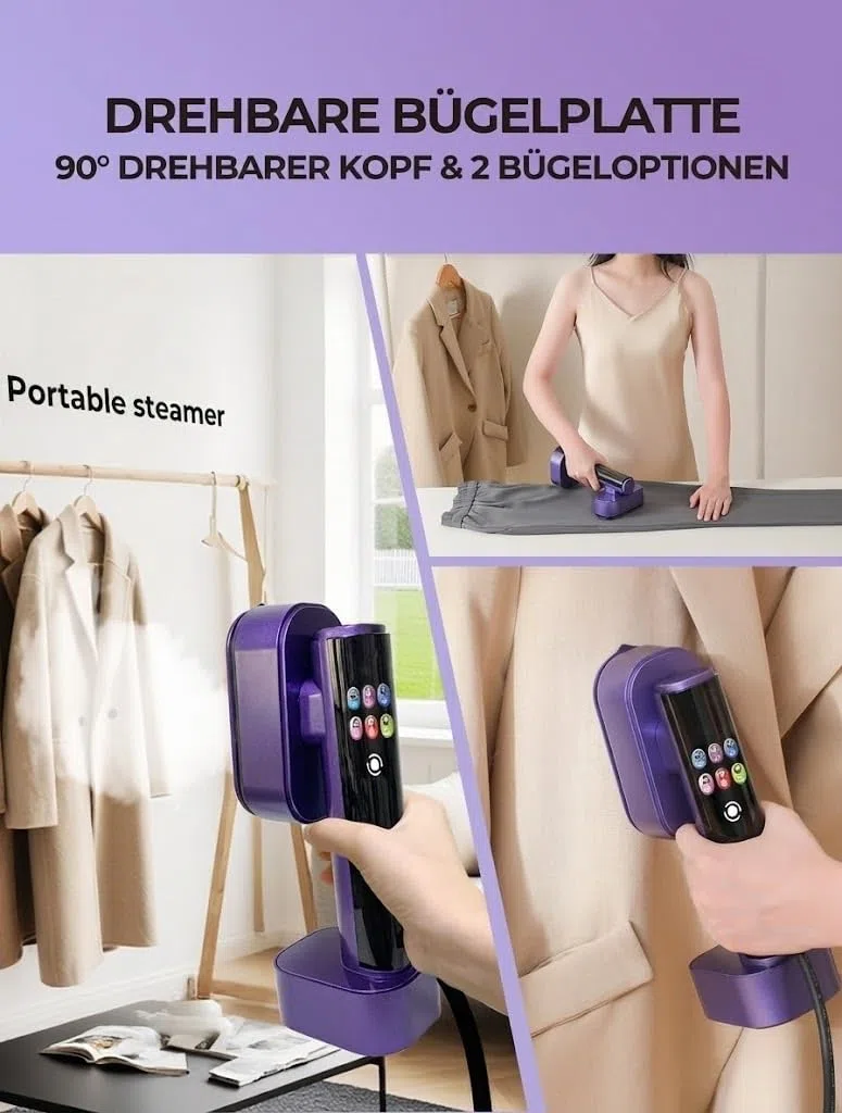 Steamer Dampfglätter, 1300W tragbares Dampfbügeleisen, 2-in-1 Handbügeleisen, 15s Schnellaufheizung, 190ml Wassertank, 6 Modi (5 Dampf+1 Trocken), mit LED-Display, für Zuhause, Reise & Urlaub