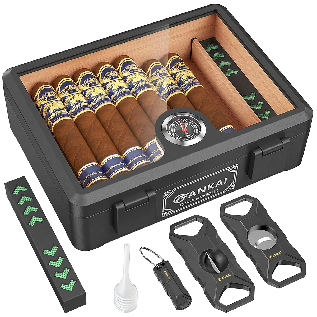Zigarren-Humidor, Zigarrenbox mit Vollglas-Deckel mit Luftbefeuchter und Hygrometer, sturzsicheres, bruchsicheres Zigarrenetui, Aufbewahrungsbox mit Zedernholzauskleidung und Trennwand für 20