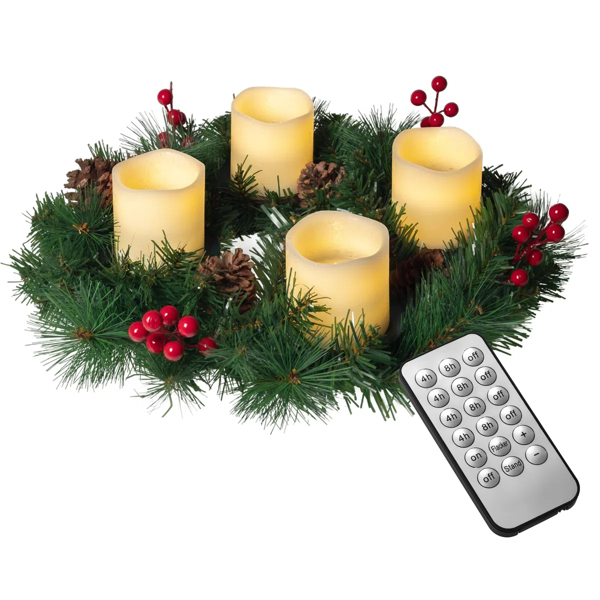 Künstlicher Adventskranz Ø 45 cm mit 4 LED Kerzen aus Echtwachs in rot oder Creme | praktische Fernbedienung mit Timer und Lichtfunktionen | inkl. Kerzenhalter | nadelfrei (Creme)