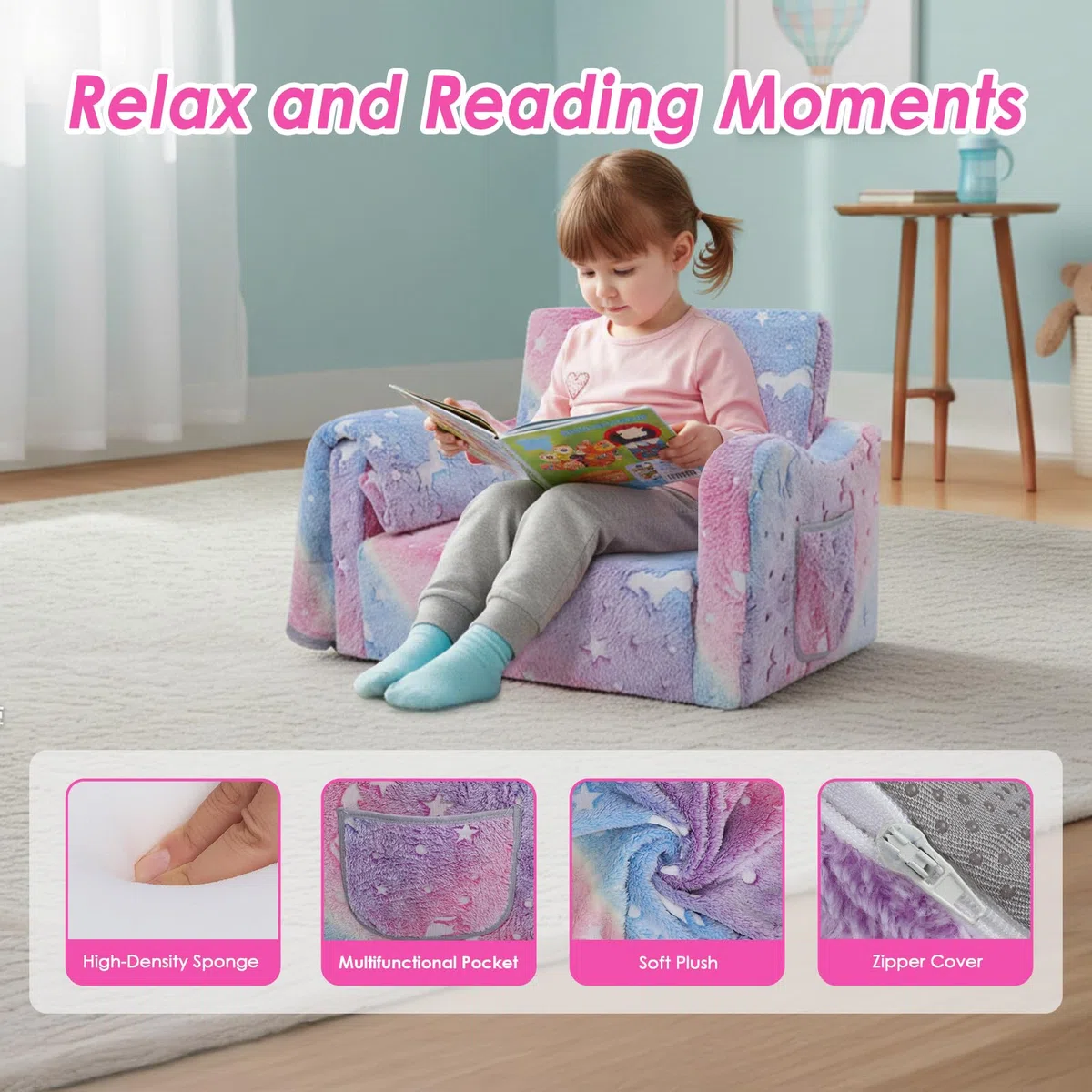 Kindersofa Ausklappbar 2-in-1, Schlafsofa Leuchtend im Dunkeln für Jungen und Mädchen, Weiche Kindersessel mit Decke für Leseecke, Einhorn