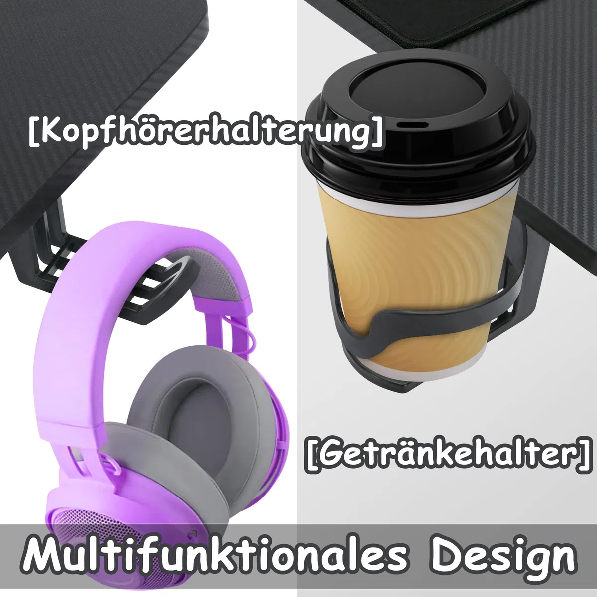 FIVMEN Schreibtisch Gaming Tisch 140x60cm Höhenverstellbar Gamingtisch mit Kabelloch & Kopfhörerständer & Tassenhalter, Kohlefaserplatte Ergonomischer PC Computertisch