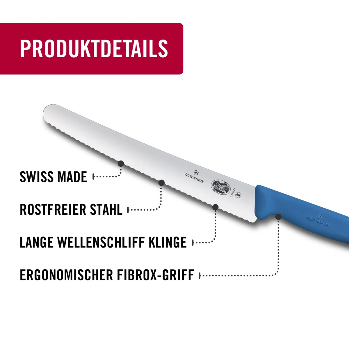 Victorinox Fibrox Konditorsäge mit Wellenschliff, Langes Küchenmesser für Kuchen und Backwaren, 26 cm, Scharf, Rostfreier Stahl, Blau