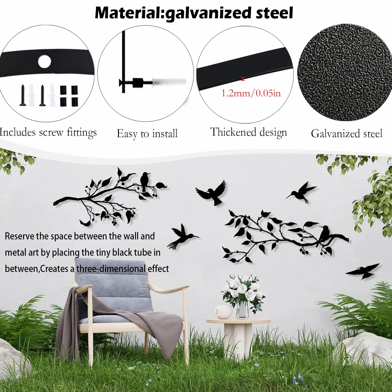 Pduoduo Große Metallvögel Wandkunst,Metall Vögel Wanddekoration Hängende Blätter mit Vögeln,Rustikale Vogel Dekor,Blatt Wanddekoration für Innen und Außen