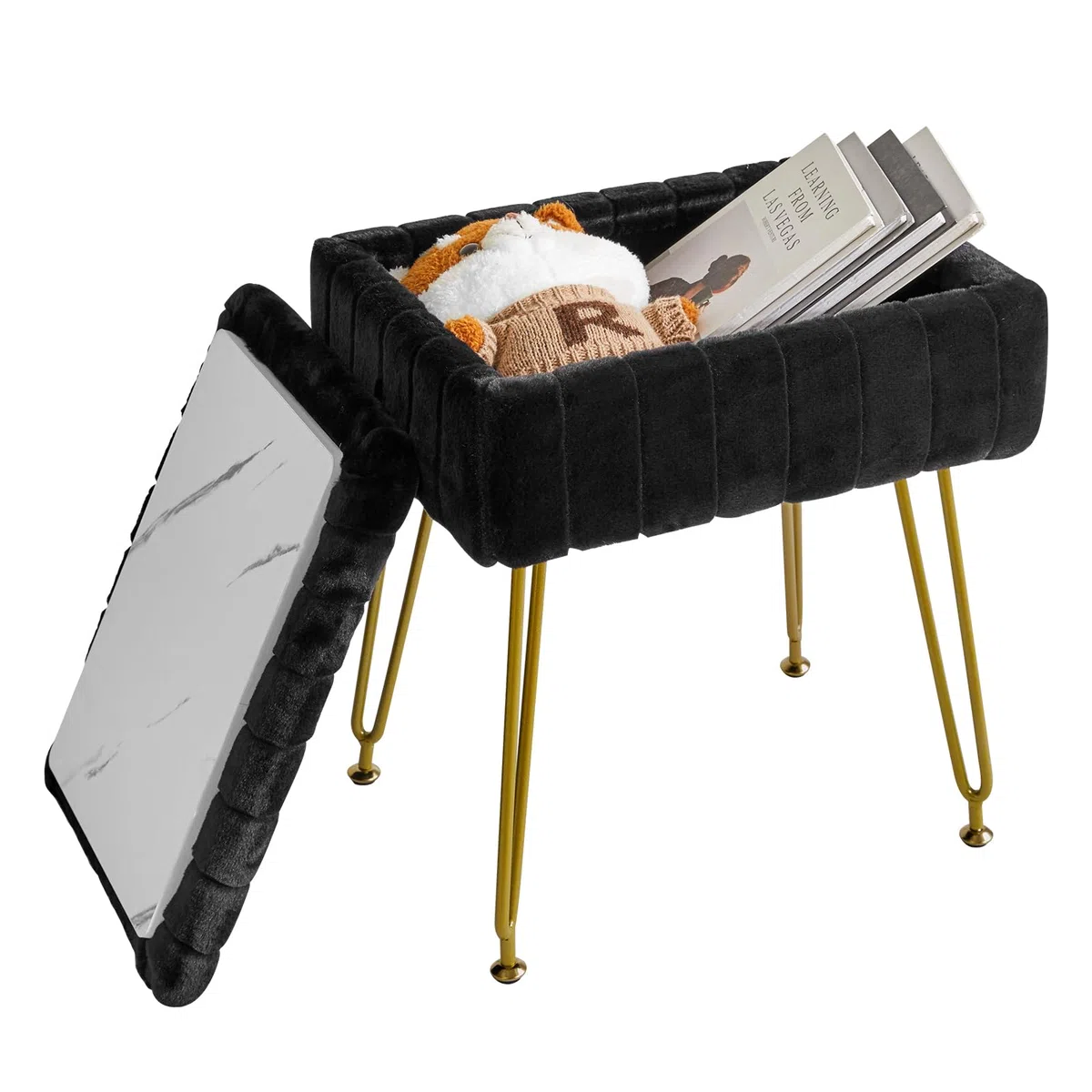 IBUYKE Samt Hocker Stuhl mit Stauraum, Fußstütze Fußhocker Ottoman, Kleiner Beistelltisch, mit 4-Metallbeinen, mit Anti-Rutsch-Füßen, für Make-up Raum, Schlafzimmer, schwarz L/G-50B