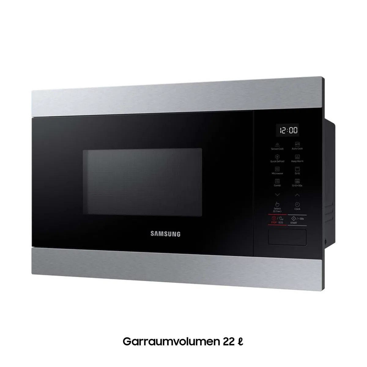 Samsung MG22M8274AT/E1 Einbau-Mikrowelle mit Grill, 850 W, 22 l Garraum, Kleines Mikrowellengerät für 38 cm Nischen, Warmhaltefunktion, Smart Sensor, Kratzfester Emaille-Innenraum, Edelstahl