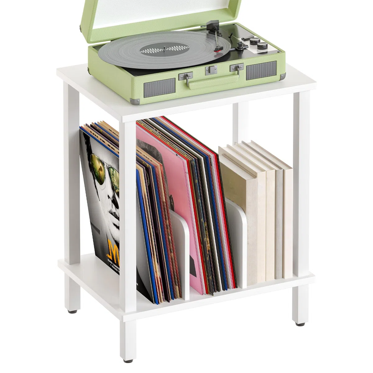 HOOBRO Plattenspieler Ständer, 2 Ebenen Schallplatten Regal, Beistelltisch, Plattenregal mit Trennwänden, Aufbewahrung von Schallplatten, bis zu 100 Alben, für Wohnzimmer, Weiß EWT05RS01