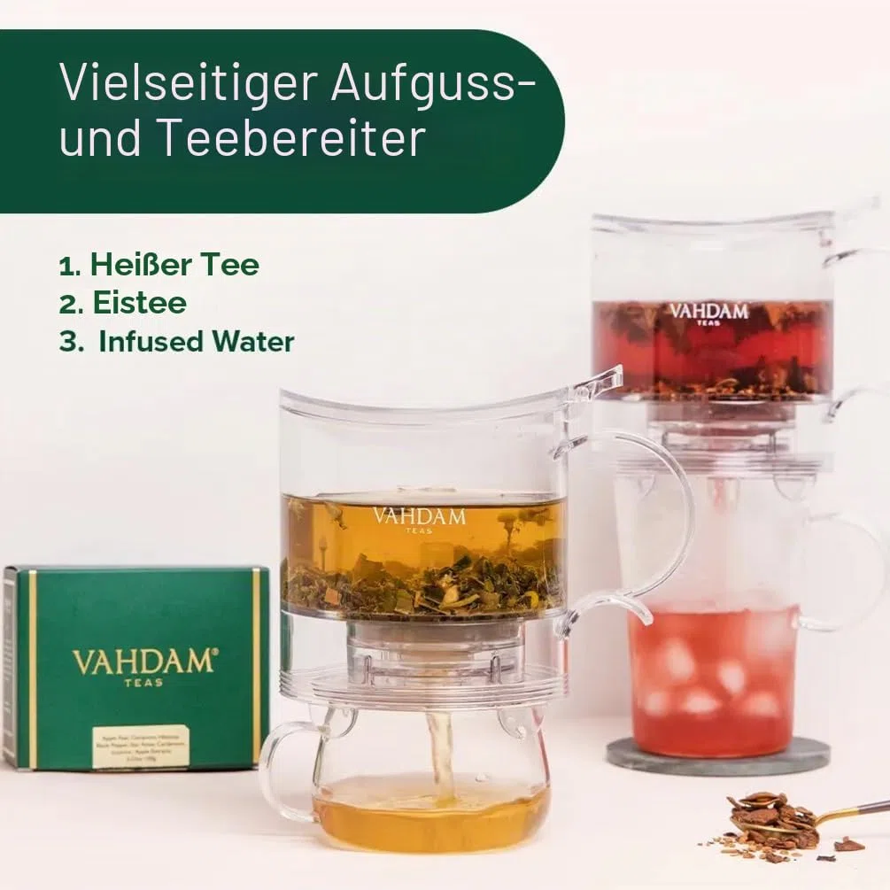VAHDAM, Teekanne für losen Tee mit integriertem Tassennetzsieb | 474 ml | BPA-frei | Tropffreies Design | Ideal für heißen & kalten Tee