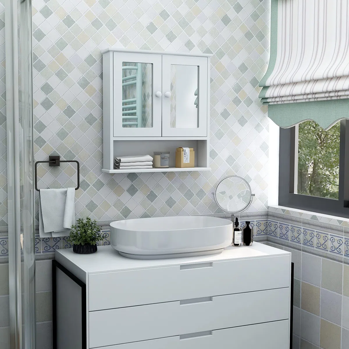 Spiegelschrank, Badezimmerschrank,Spiegelschrank Bad,Badezimmerschrank Hängend Hängeschrank Bad,Badschrank mit 2 Spiegeltüren und offenem Fach,Hölzerner Bathroom Cabinet,13 x 56 x 58 cm,Weiß