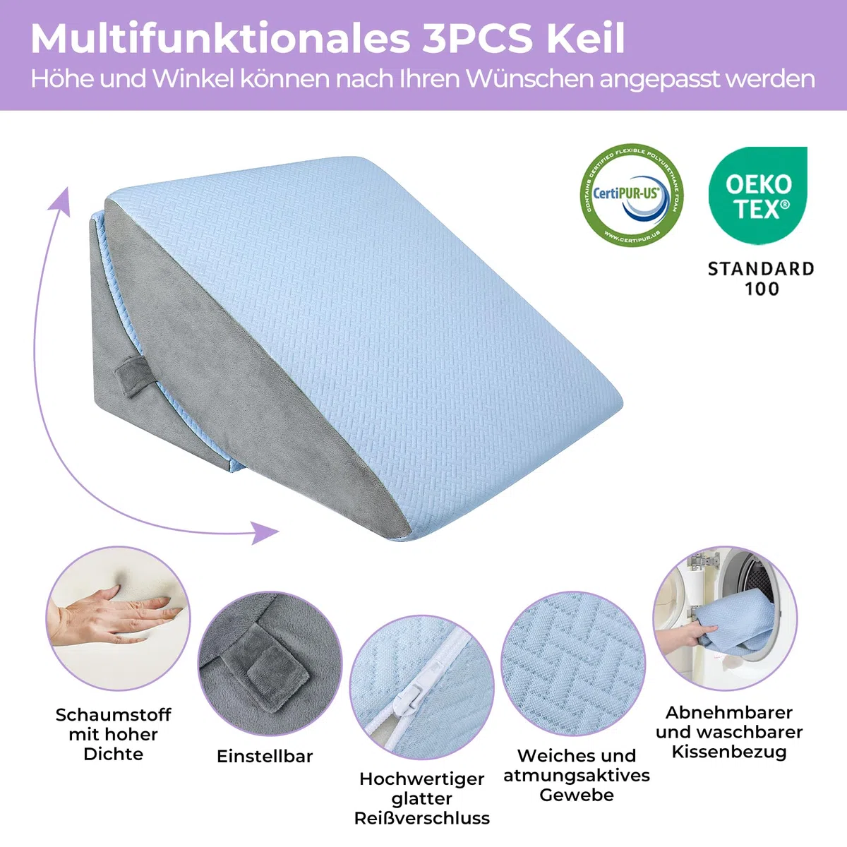 Babenest Verstellbares Keilkissen mit Hochdichteschaum, Ergonomisches Rückenkissen für Bett & Sofa, Reflux Lesekissen zum Schlafen, Spielen, Fernsehen (Blau)