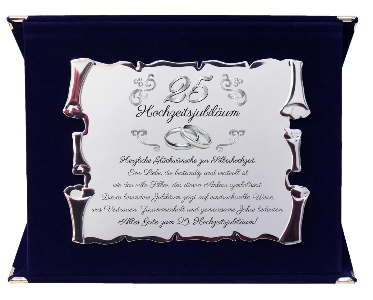 25. Hochzeitsjubiläum – Geschenk zur Silberhochzeit für Eltern, Großeltern & Freunde – Elegante silberfarbene Pergamenttafel in Samtbox – Besondere Erinnerung zum Ehejubiläum (Blau, 25 Hochzeit)