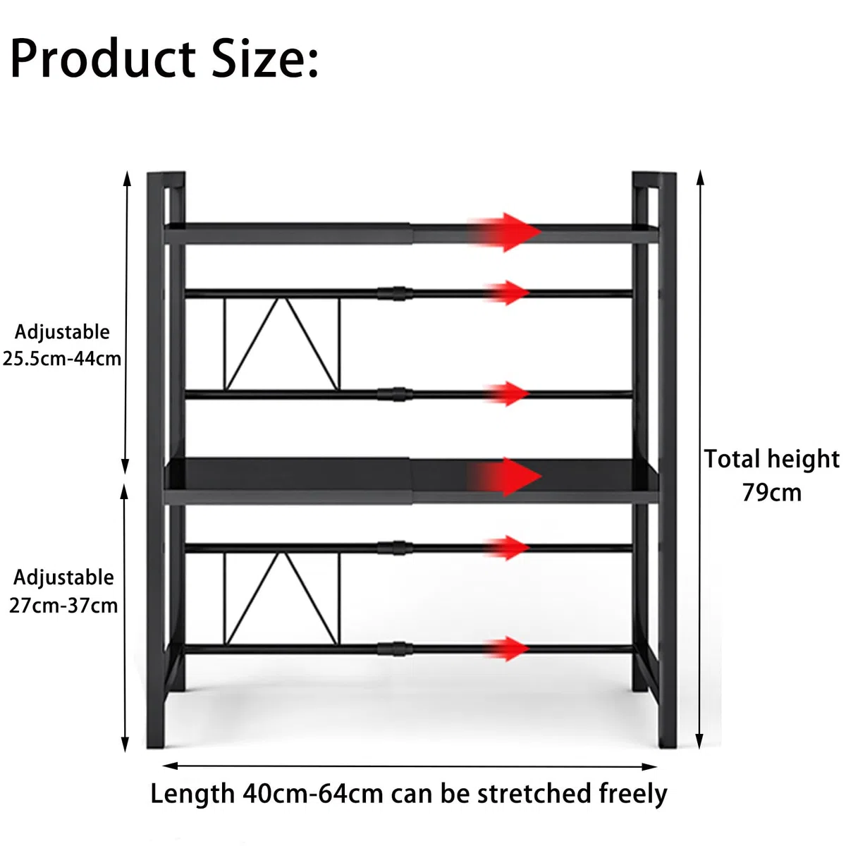 devesanter Mikrowellen Regal 3-Stufiges Ausziehbar arbeitsplatte Bäckerregale mit 6 Haken,Küchenregal Gewürzregal Mikrowellenschrank Organizer für Küchen Schwarz Ausziehbar von 40-64cm