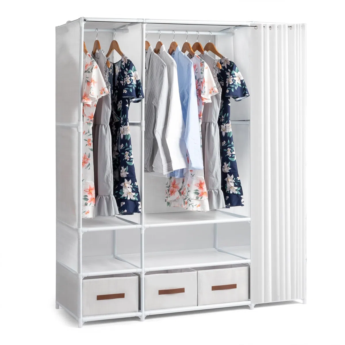 LEADZM Kleiderschrank offen mit Vorhang, Kleiderständer freistehende Garderobe mit Kleiderstangen, Stoffschubladen 144 x 45 x 166 cm (Weiß, 144x45x166cm)