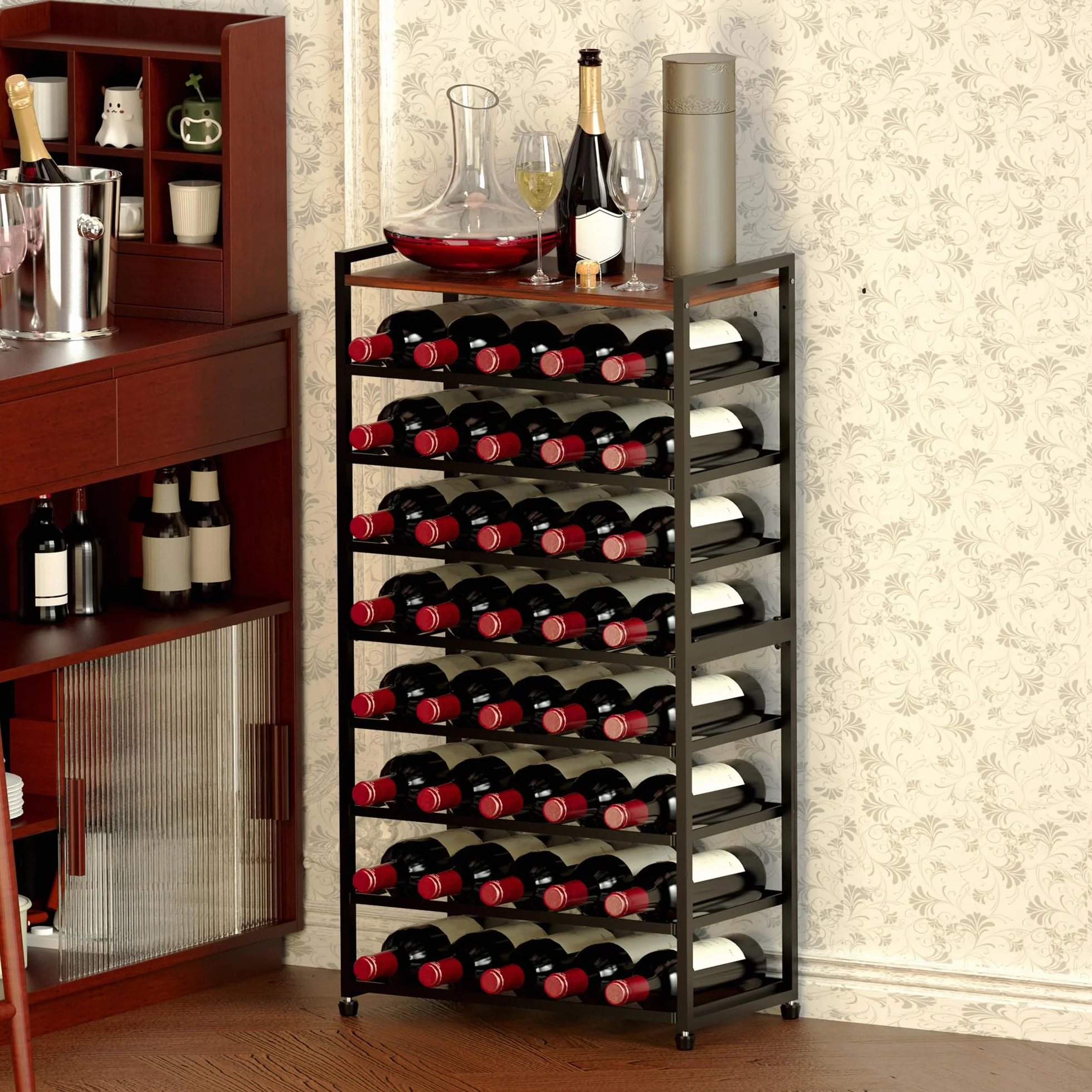 Weinregal für 40 Flaschen, 8-stufiges Flaschenregal, Stehendes Metall-Weinregal mit Tischplatte, Abnehmbarer Weinflaschenhalter, Barständer, Ausstellungsregal für Küche, Bar, Wine Rack