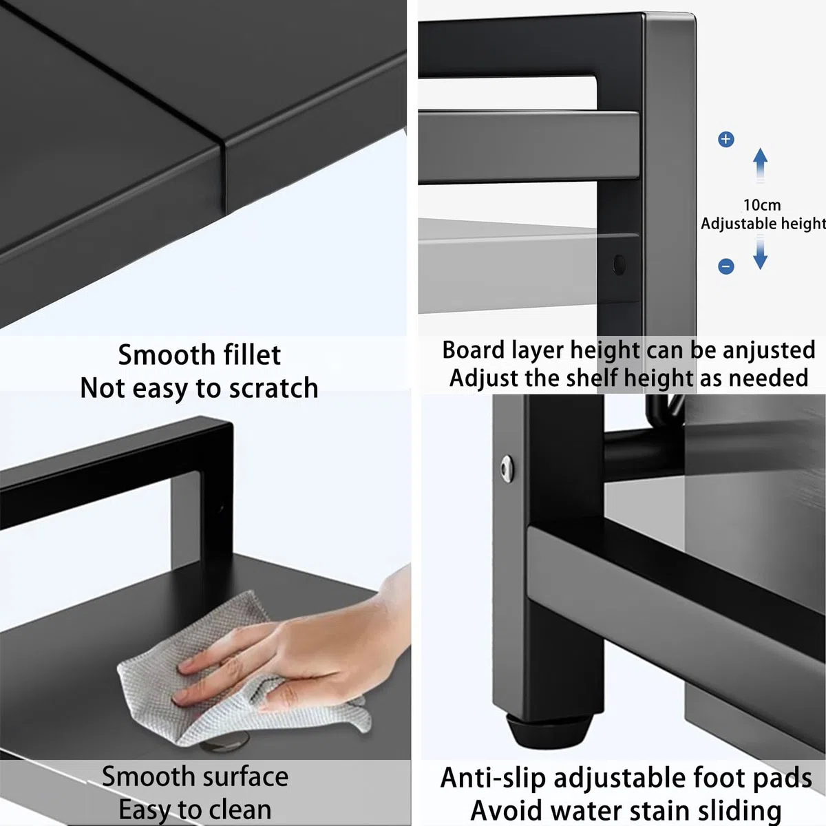 devesanter Mikrowellen Regal 3-Stufiges Ausziehbar arbeitsplatte Bäckerregale mit 6 Haken,Küchenregal Gewürzregal Mikrowellenschrank Organizer für Küchen Schwarz Ausziehbar von 40-64cm