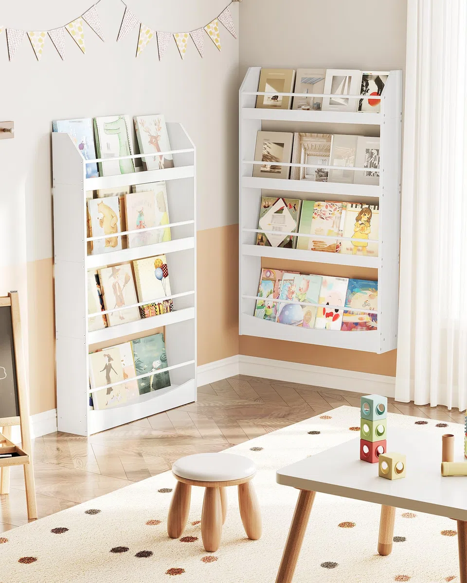 CHOEZON Kinderzimmer Möbel, 4-stöckiges Wandregal Bücher für Kinder, Bücherregal, Spielzeugaufbewahrung, Kinderregal, Präsentationsständer für Kinderzimmer, Spielzimmer, Weiß DMCW13WB