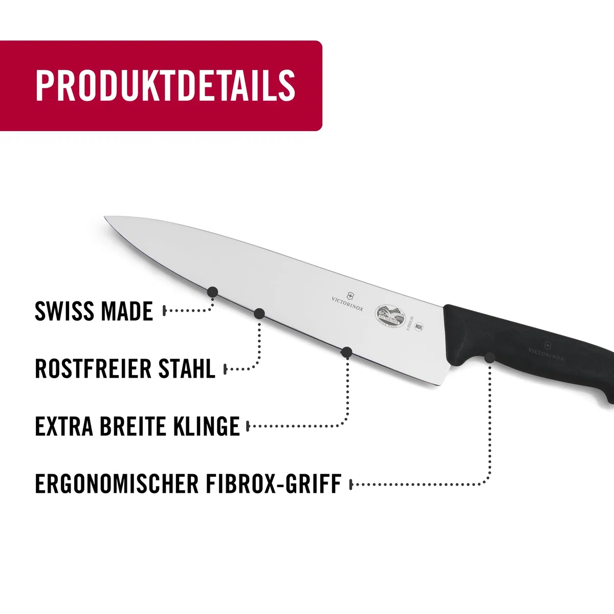 Victorinox Fibrox Kochmesser, Breites Universalmesser für Fleisch, Fisch, Gemüse und Kräuter, 25 cm, Gerade Klinge, Scharf, HACCP geeignet, Schwarz