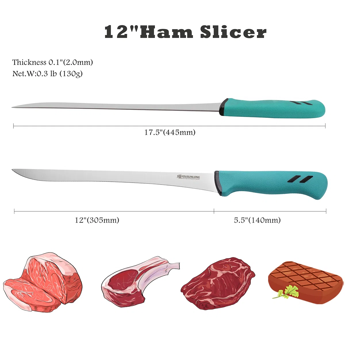 YOUSUNLONG Aufschnittmesser Schinkenmesser – 12 Zoll (305 mm) – Super scharf – Edelstahl mit hohem Kohlenstoffgehalt – Fleisch- und Schinkenschneider – gebogene, flexible Klinge…