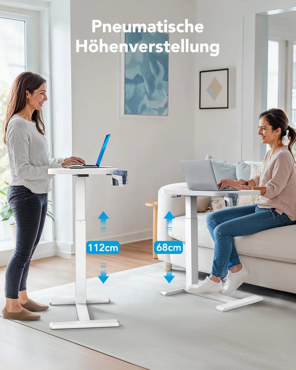 HUANUO Beistelltisch mit Rollen,Höhenverstellbarer Beistelltisch mit 70 x 40 cm große Tischplatte,Mobiler pneumatischer Kleiner Laptoptisch mit Becherhalter für Homeoffice, weiß