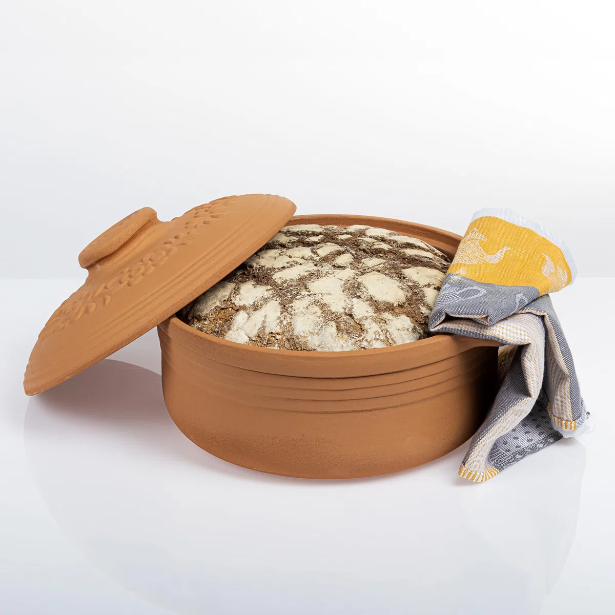 BROWIN Tonbräter Bräter aus Naturton Oval 4 Liter | Tonbräter Dampfgarer | Römischer Tonofen | Auflaufform für fettfreies Kochen und zum Backen von Brot und Kuchen | Brätertopf (4 Liter Oval)