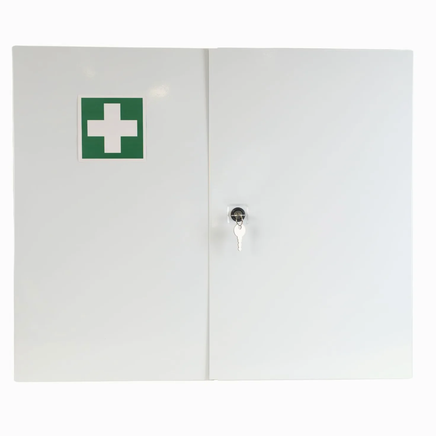 Erste Hilfe Verbandschrank DIN 13169:2021, Medizinschrank mit 3 Fächern (zweitürig) + abschließbares Medikamentenfach & Sicherheitsschloss – aus Metall, 60 x 50 x 13 cm – groß, robust - zum Aufhängen
