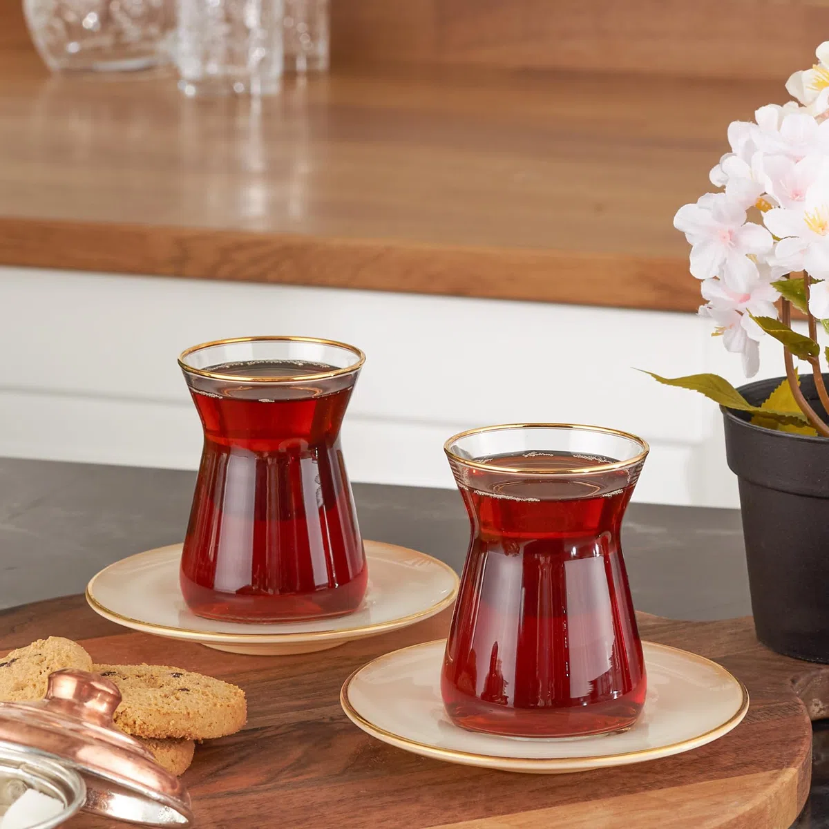 Karaca Retro Beige Teeset Für 6 Personen Teeservice,6x Türkische Teegläser Mit Untertasse, Cay Bardagi Seti, Türkischer Tee, Glas, Cay Seti, Teeteller, Tea