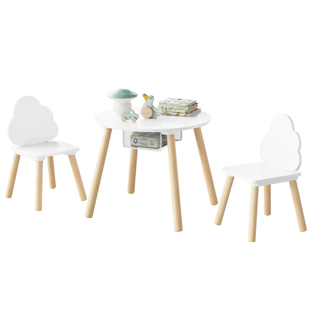 WOLTU Kindertisch mit 2 Stühlen, 3tlg. Kindersitzgruppe, Kinder Tisch Stuhl Set mit Stauraum Netztasche, Kinderstuhl mit Wolken-Rückenlehne, für klein Kinder Vorschüler