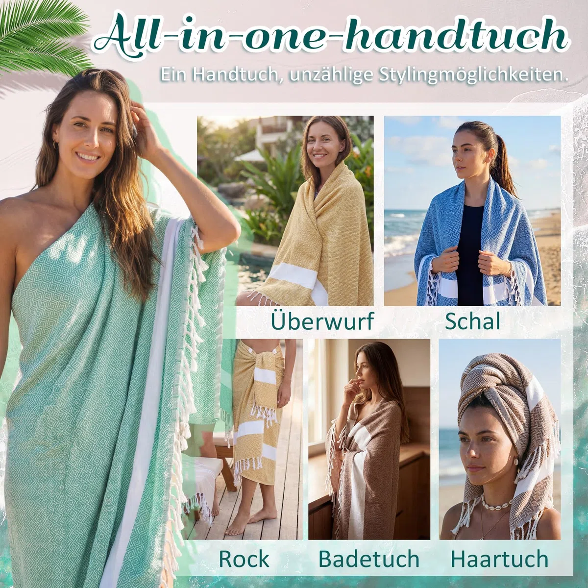 Nuenen 4er Set Hamamtuch Saunahandtuch 100 x 180 cm Leichtes Schnell Trocknendes Strandtuch aus Baumwolle Platzsparend für Reise Sauna Yoga Urlaub Weich Stilvoll (Blau, Grün, Braun, Gelb)