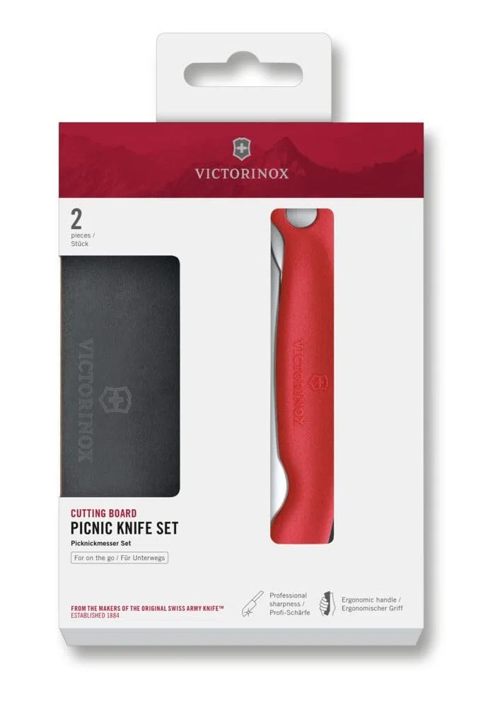 Victorinox Swiss Classic Faltbares Picknick-Messer und Schneidebrett, für Obst, Gemüse, Brötchen, Wellenschliff, Extra Scharf, Schwarz