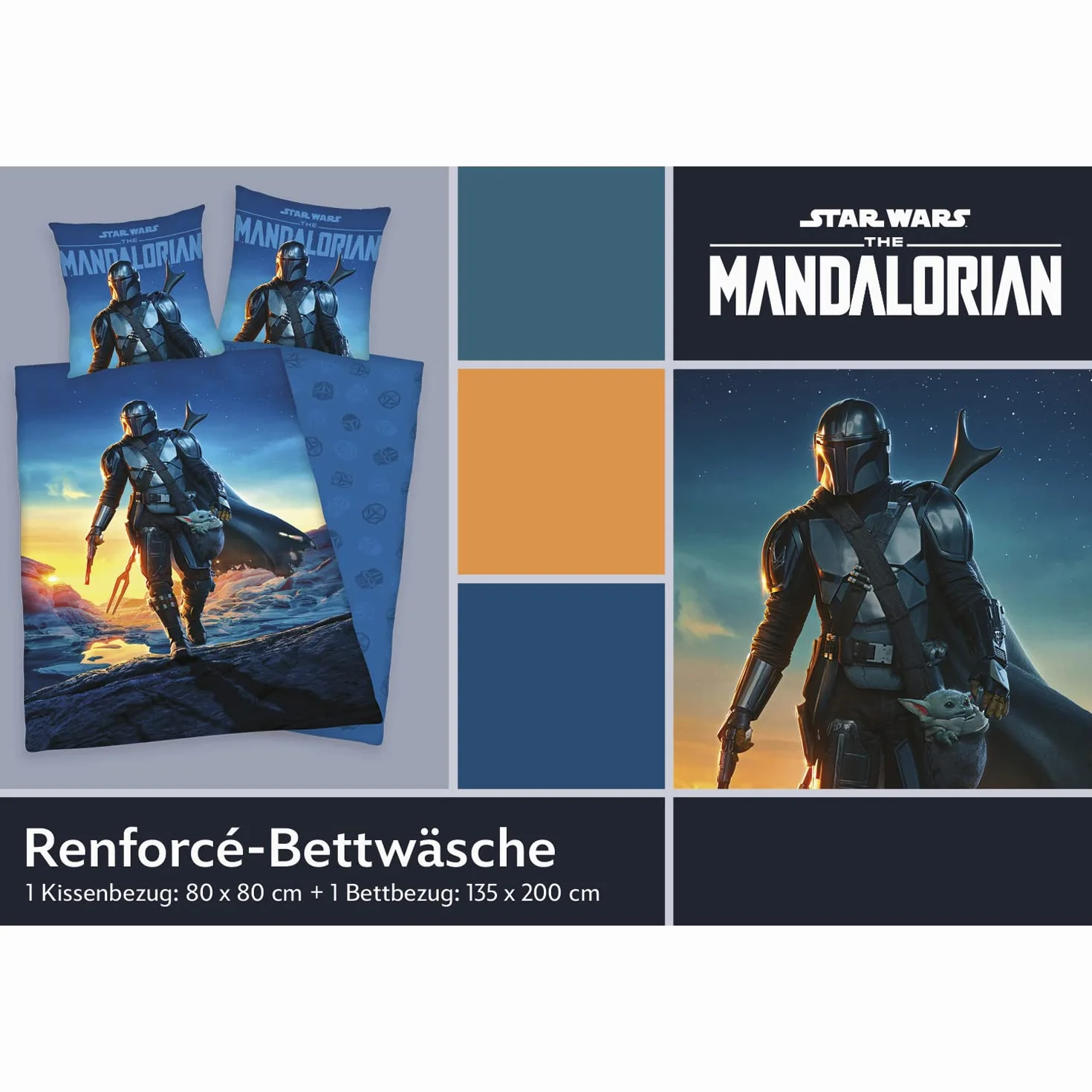 Herding Star Wars The Mandalorian Bettwäsche-Set, Kopfkissenbezug 80 x 80 cm, Bettbezug 135 x 200 cm, Mit leichtläufigem Reißverschluss, 100% Baumwolle/Renforcé