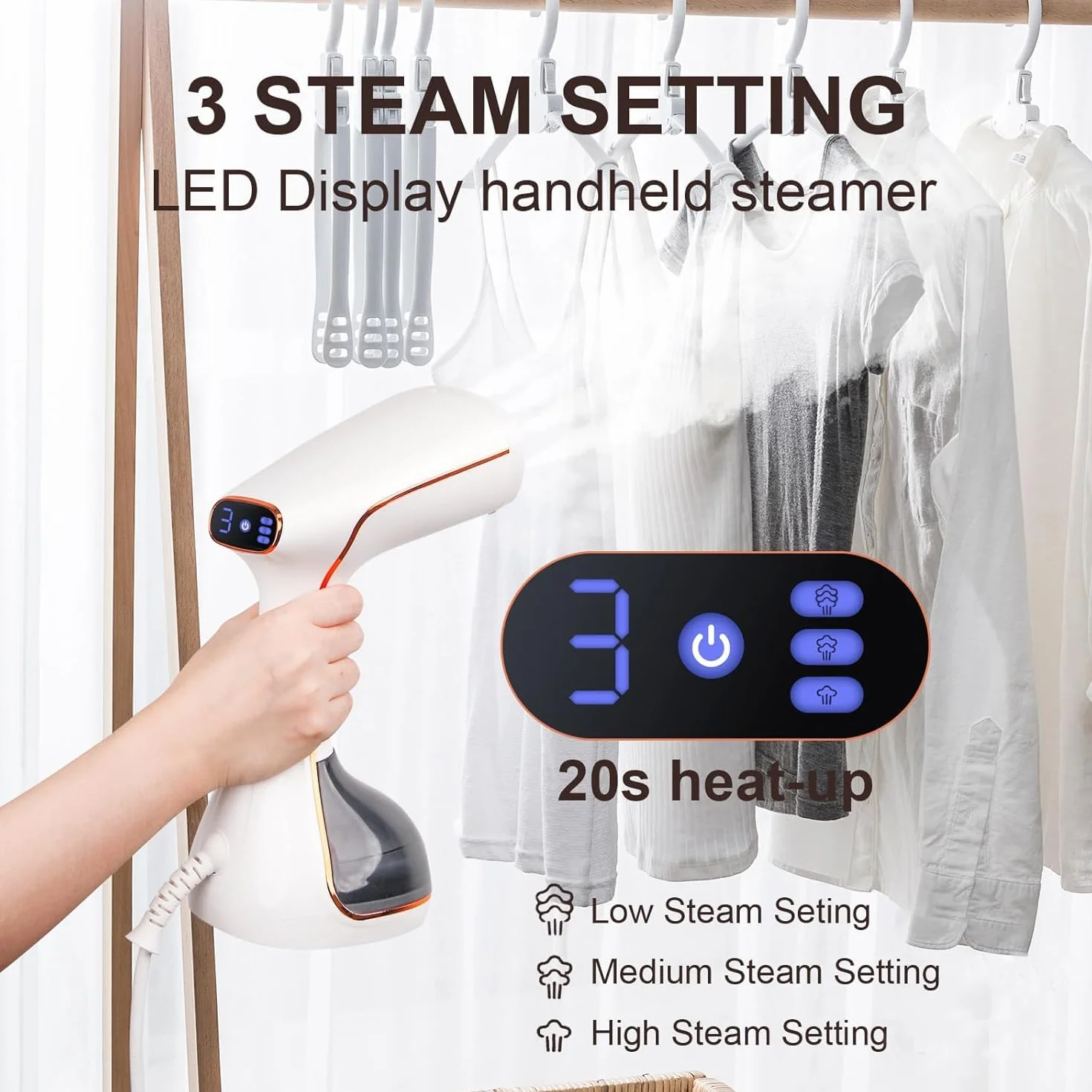 OKYUK Dampfglätter 1800W, Tragbarer Steamer für Kleidung, 320ml Wassertank, Schnellaufheizung, Dampfbügeleisen inkl. 2 Bürsten, Ideal für Reise & Zuhause, Faltenentferner gegen Bakterien(Weiß)