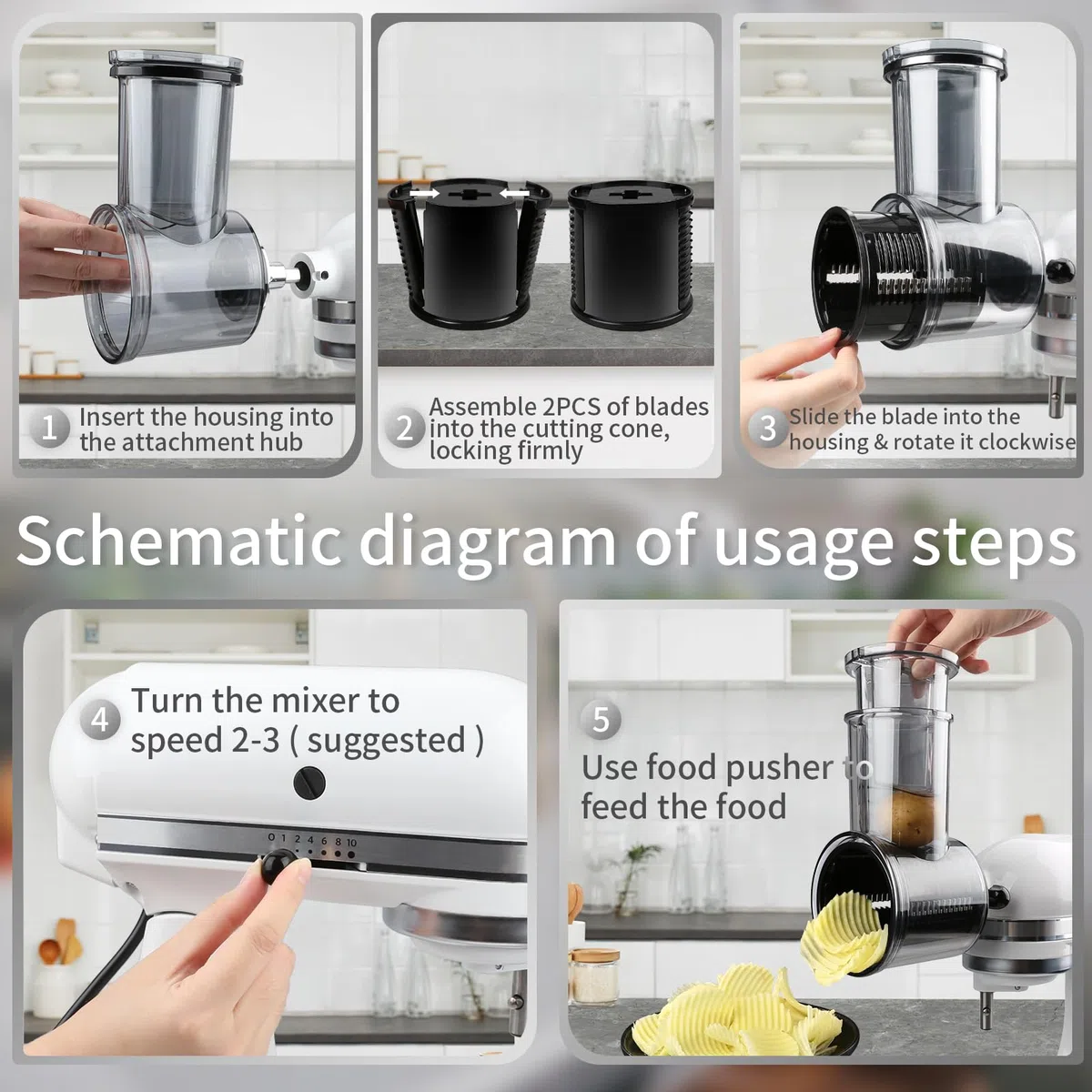 Slicer Shredder Aufsätze für KitchenAid Standmixer, Käsereibe, Salatbereiter, Gemüseschredder, Lebensmittelschneider, Zerkleinerer, Mahlpulver-Zubehör mit verbesserten 5 Klingen